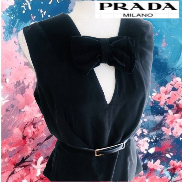 PRADA Milano Authentic Black Silk Sleeveless Top V-Neck Bow Sz L Excellent Cond - Picture 5 of 7